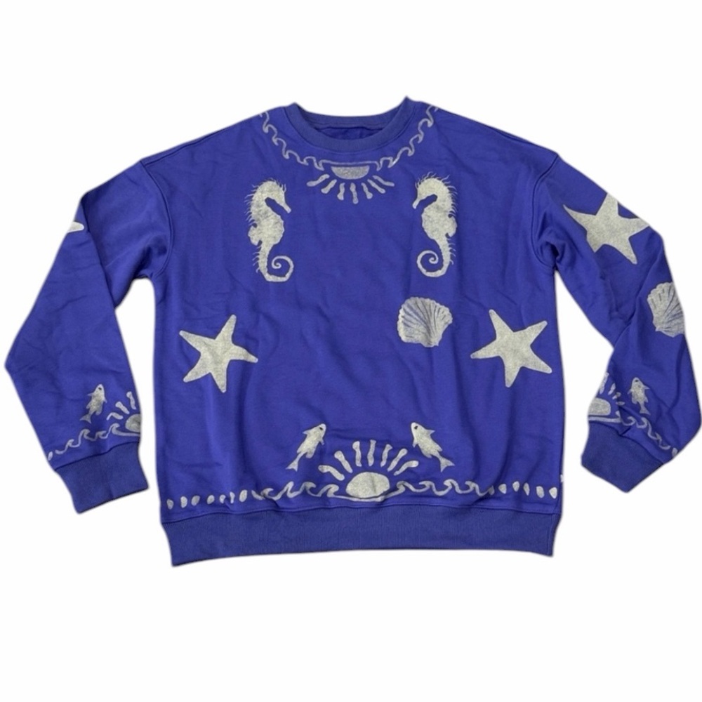 Purple Pullover Sweatshirt Coastal Beach Seashell Silver Sea Motifs Medium